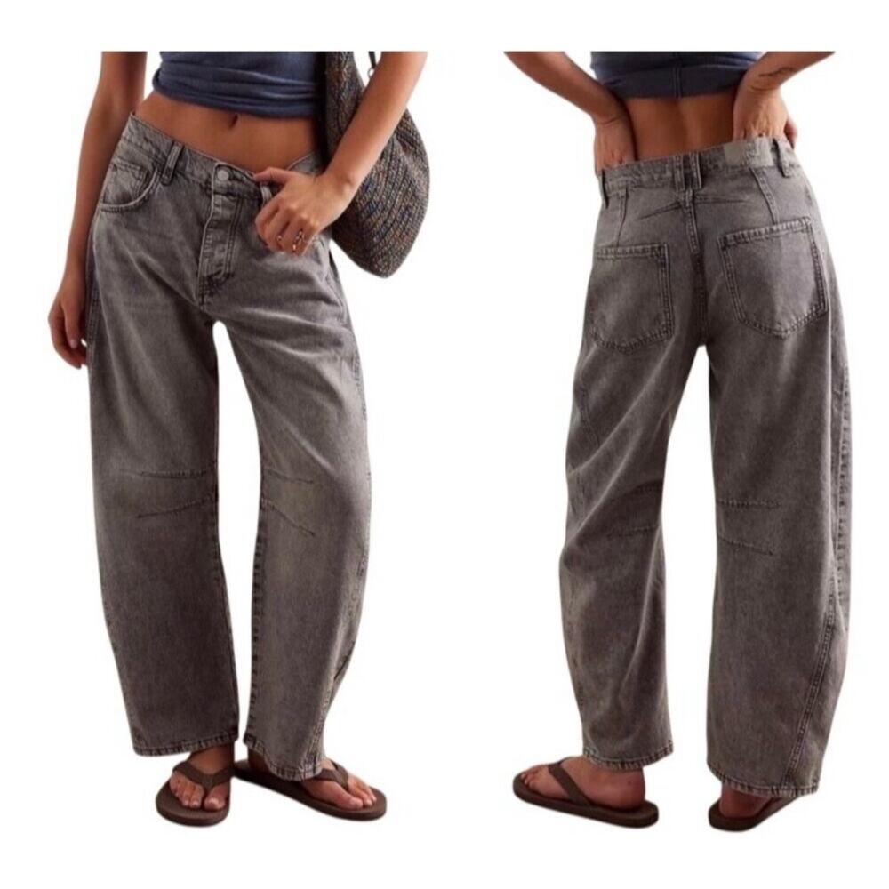 Free People We The Free Good Luck Mid Rise Barrel Jeans 30 Falcon Grey NWT